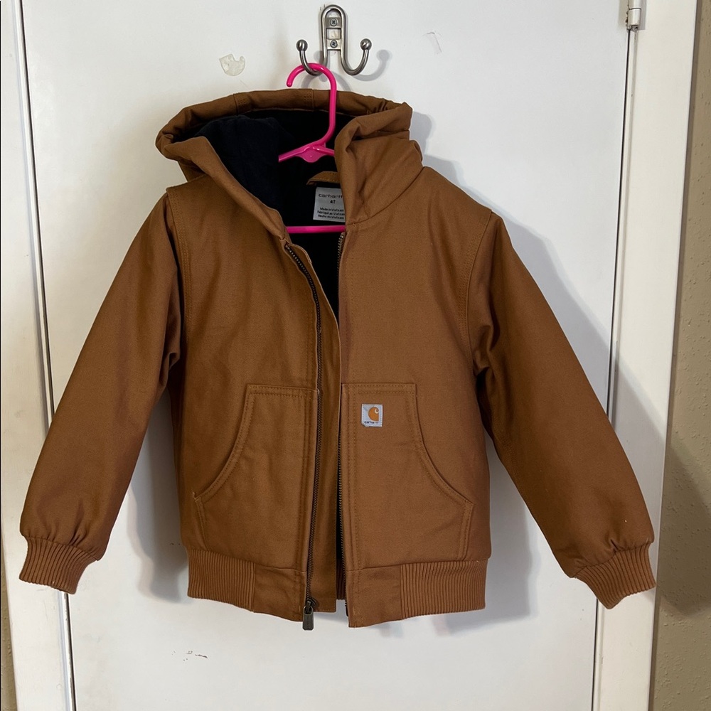 Carhartt 4T Hooded Jacket boys coat brown work canvas lined zipper like new